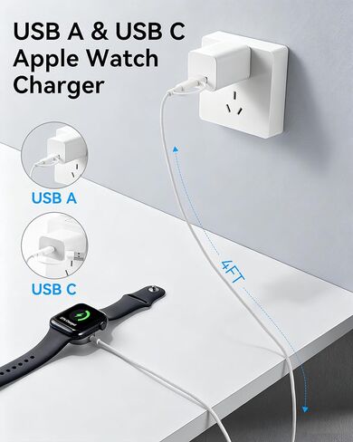 كابل MINLU 2 في 1 USB A/C لشاحن ساعة Apple، محمول مجدول بطول 4 أقدام مصمم لسلك شحن iWatch اللاسلكي المغناطيسي، أساسيات التخييم في العطلات لسلسلة iWatch Ultra/SE/11-2-أبيض in Kuwait