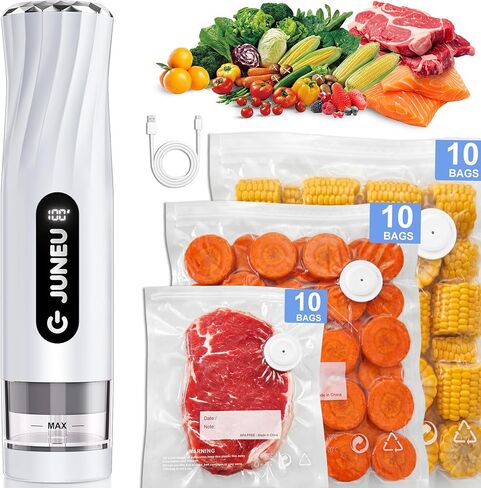 JUNEU Compact Vacuum Sealer for Food, Handheld Food Saver Machine with 30 Reusable Vacuum Bags, 6X Preservation & Fresh, Powerful Portable Wireless Food Sealer Set for Home Kitchen Travel in Kuwait