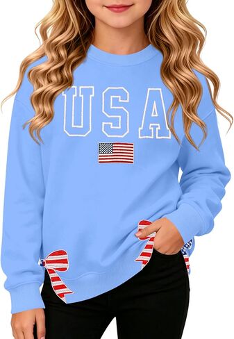 سويت شيرت Ithalt Kids USA للأولاد والبنات قميص الرابع من يوليو بلوفر وطني أمريكي مع فتحات جانبية مطرزة 5-14 سنة in Kuwait