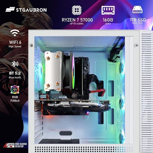 STGAubron Gaming PC Bundle with 24 Inch FHD LED Monitor- AMD Ryzen 7 5700G up to 4.6G, 16GB DDR4, 1TB SSD, RGB Fan x4, Windows 11 Home in Kuwait