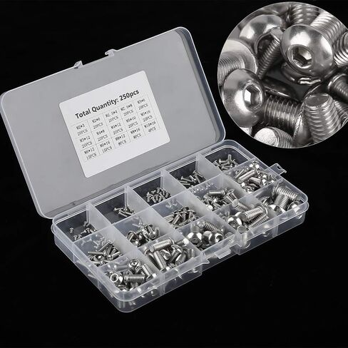 250pcs M2 M2.5 M3 M4 M5 M6 M8 M10 Machine Screws Set, Stainless Steel Hex Socket Bolts for Laptop Keyboard PC Repair, Assorted Metric Fasteners Kit for Electronics and in Kuwait