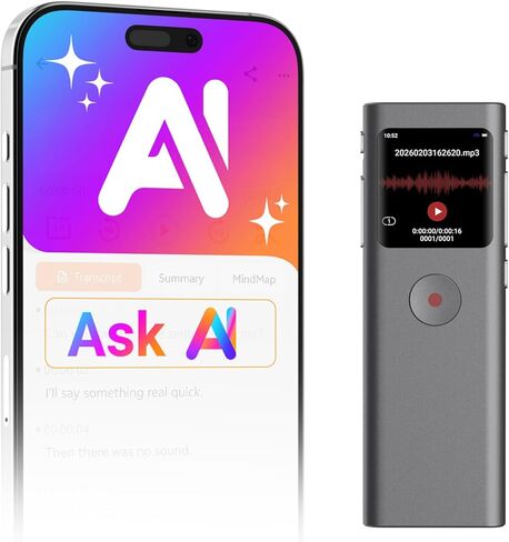 AI Digital Voice Recorder with Transcribe & Summarize, AI Note Taker for Meeting & Lectures, Voice Activated Recorder with Playback, Supports 90+ Languages Recording Device, Portable Tape Recorder in Kuwait