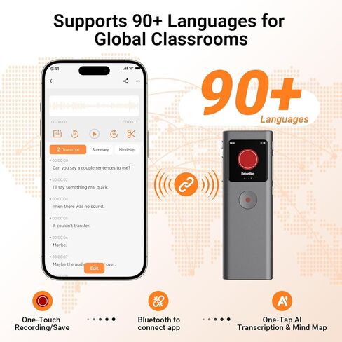 AI Digital Voice Recorder with Transcribe & Summarize, AI Note Taker for Meeting & Lectures, Voice Activated Recorder with Playback, Supports 90+ Languages Recording Device, Portable Tape Recorder in Kuwait