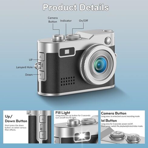 Mini Keychain Camera, 1080P Full HD Retro Digital Camera, Compact & Portable Pocket-Sized Video Recorder with 16GB Memory Card & OTG Adapter for Travel, Study and Daily Recording in Kuwait