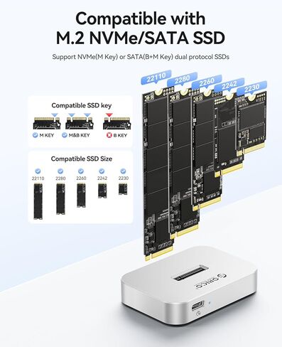 حاوية ORICO 10 جيجابت في الثانية M.2 NVMe SSD ومحول SATA، حافظة محرك أقراص صلبة خارجي من الألومنيوم USB 3.2 Gen 2، محطة إرساء M.2 خالية من الأدوات لـ PCIe/SATA M-Key/B+M Key SSD 2230-22110، متوافقة مع أجهزة Mac والكمبيوتر الشخصي in Kuwait