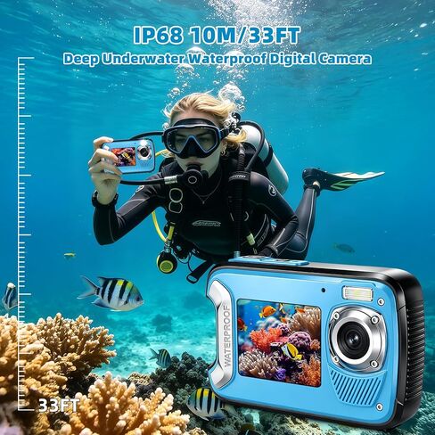 5K Underwater Camera, 33FT/10M Waterproof Camera, 96MP Autofocus Dual-Screen Camera with 18X Zoom, Fill Light, 32GB Card for Snorkeling Scuba Diving Surfing in Kuwait