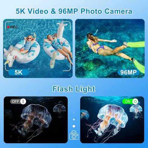 5K Underwater Camera, 33FT/10M Waterproof Camera, 96MP Autofocus Dual-Screen Camera with 18X Zoom, Fill Light, 32GB Card for Snorkeling Scuba Diving Surfing in Kuwait
