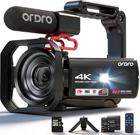 كاميرا فيديو ORDRO، كاميرا فيديو FHD 64 ميجابكسل 4K، كاميرات فيديو واي فاي لليوتيوب مع رؤية ليلية بالأشعة تحت الحمراء، تكبير رقمي 18X، كاميرا رقمية بشاشة قابلة للطي 3.0 بوصة مع بطاقة 32 جيجابايت in Kuwait