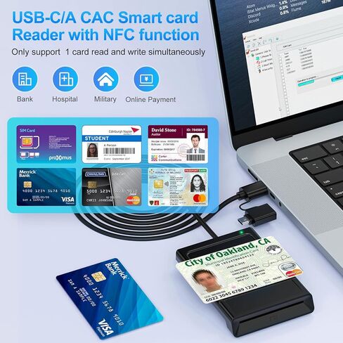 Smart Card Reader with NFC, USB A/C CAC Reader Military DOD Common Access ID Bank Chip Card Reader 2-in-1 Contact and Contactless Compatible with Mac Os,Windows 10/11,Mac OS,Android and Linux -95CM in Kuwait