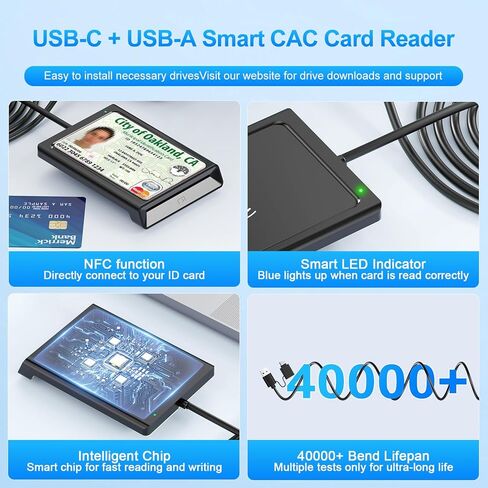Smart Card Reader with NFC, USB A/C CAC Reader Military DOD Common Access ID Bank Chip Card Reader 2-in-1 Contact and Contactless Compatible with Mac Os,Windows 10/11,Mac OS,Android and Linux -95CM in Kuwait