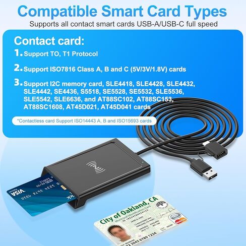 Smart Card Reader with NFC, USB A/C CAC Reader Military DOD Common Access ID Bank Chip Card Reader 2-in-1 Contact and Contactless Compatible with Mac Os,Windows 10/11,Mac OS,Android and Linux -95CM in Kuwait