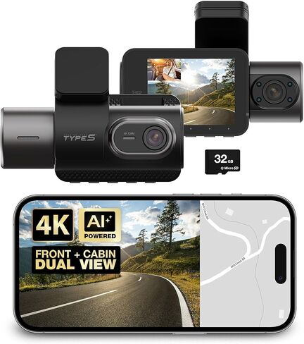 Type S T402 4K Dual View 2-Channel Dash Cam with Adaptive AI-Powered Driver Assistance and 1080p Interior Surveillance Cam in Kuwait