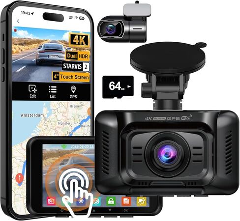 كاميرا HUPEJOS 4K Dash Cam أمامية وخلفية، كاميرا سيارة مزدوجة HDR مع STARVIS 2، Dashcams مع بطاقة 64 جيجابايت، كاميرا Dash مع شاشة لمس 4 بوصات، نظام تحديد المواقع العالمي 5G WiFi مدمج، التحكم الصوتي، رؤية ليلية، وضع انتظار 24 ساعة in Kuwait