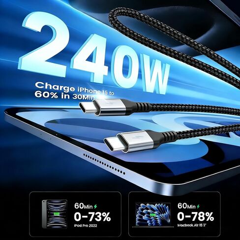 كابل USB C قصير PD 240 وات (3 حزم)، كابل USB C بطول 6 بوصة، كابل USB C مجدول من النايلون من النوع C إلى النوع C/كابلات شحن سريعة لسلسلة 1Phone17/16/15، 1Pad Pro/Air، سلسلة Samsung Galaxy، Google Pixel in Kuwait