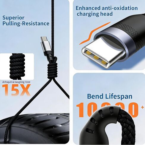 كابل USB C قصير PD 240 وات (3 حزم)، كابل USB C بطول 6 بوصة، كابل USB C مجدول من النايلون من النوع C إلى النوع C/كابلات شحن سريعة لسلسلة 1Phone17/16/15، 1Pad Pro/Air، سلسلة Samsung Galaxy، Google Pixel in Kuwait