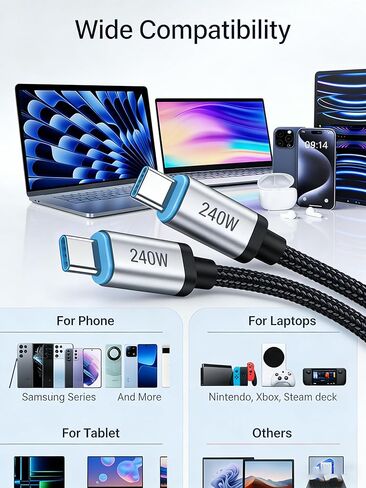 كابل USB C قصير PD 240 وات (3 حزم)، كابل USB C بطول 6 بوصة، كابل USB C مجدول من النايلون من النوع C إلى النوع C/كابلات شحن سريعة لسلسلة 1Phone17/16/15، 1Pad Pro/Air، سلسلة Samsung Galaxy، Google Pixel in Kuwait