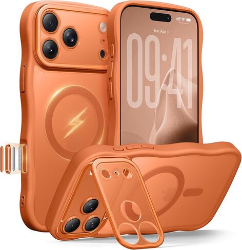 حافظة GolbinBox لهاتف iPhone 17 Pro Max مع حامل Stash، متوافق مع MagSafe، [حماية كاملة للكاميرا] [حماية من السقوط العسكري] غطاء خلفي مقاوم للخدش، غطاء هاتف Wave Matte، 6.9 بوصة، بني in Kuwait
