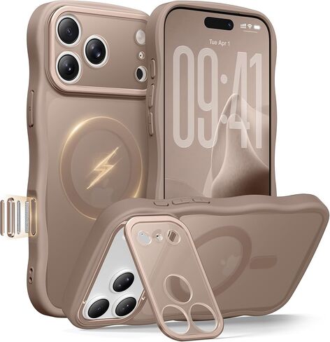 حافظة GolbinBox لهاتف iPhone 17 Pro Max مع حامل Stash، متوافق مع MagSafe، [حماية كاملة للكاميرا] [حماية من السقوط العسكري] غطاء خلفي مقاوم للخدش، غطاء هاتف Wave Matte، 6.9 بوصة، بني in Kuwait