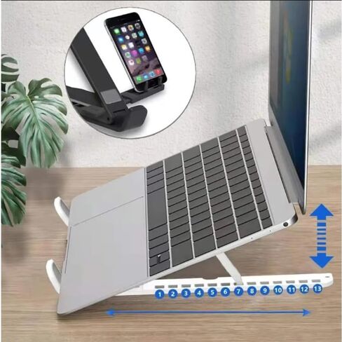 Foldable Laptop Stand with Phone Holder - 13-Level Adjustment,Thickened & Stable, Height Adjustable for Desktop,Portable Cooling Storage Stand for Computers & Tablets,Home & Office Use,White in Kuwait