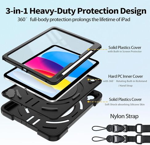 حافظة مقاومة للماء لجهاز iPad 11th(A16) 2025&10th 2022 10.9 بوصة، مقاومة للماء IP68، مقاومة للصدمات لكامل الجسم، مسند دوار 360 درجة، حزام كتف قابل للتعديل، واقي شاشة مدمج، أسود in Kuwait