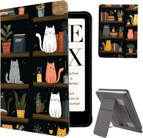 غطاء خفيف الوزن لجهاز Kindle الجيل الحادي عشر (إصدار 2024/2022) مقاس 6 بوصات، جراب للنوم/الاستيقاظ التلقائي مع مسند وقبضة يد لجهاز Kindle Basic (رقم الموديل RS23CV/C2V2L3)، قطط لطيفة على رف الكتب in Kuwait