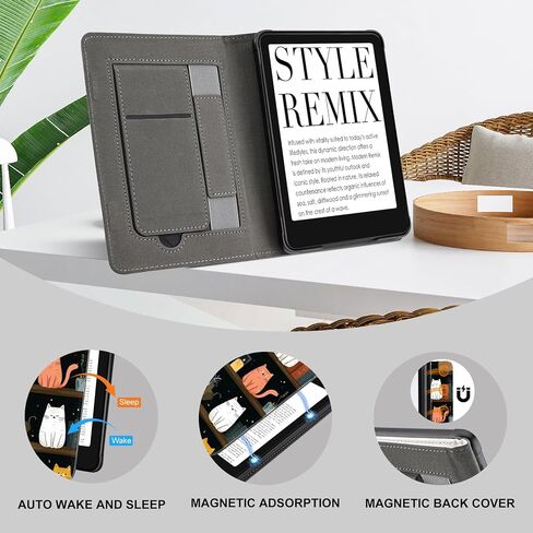 غطاء خفيف الوزن لجهاز Kindle الجيل الحادي عشر (إصدار 2024/2022) مقاس 6 بوصات، جراب للنوم/الاستيقاظ التلقائي مع مسند وقبضة يد لجهاز Kindle Basic (رقم الموديل RS23CV/C2V2L3)، قطط لطيفة على رف الكتب in Kuwait