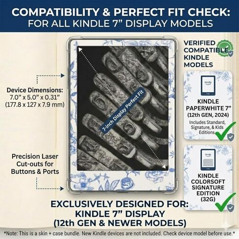 حافظة شفافة وحزمة جلدية جمالية لجهاز Kindle Colorsoft & Paperwhite الجيل الثاني عشر (إصدار 2024) مقاس 7 بوصات (إصدار 2024)، ملصق مغلف من الفينيل وغطاء واقي من السيليكون الناعم TPU (أزرق) in Kuwait