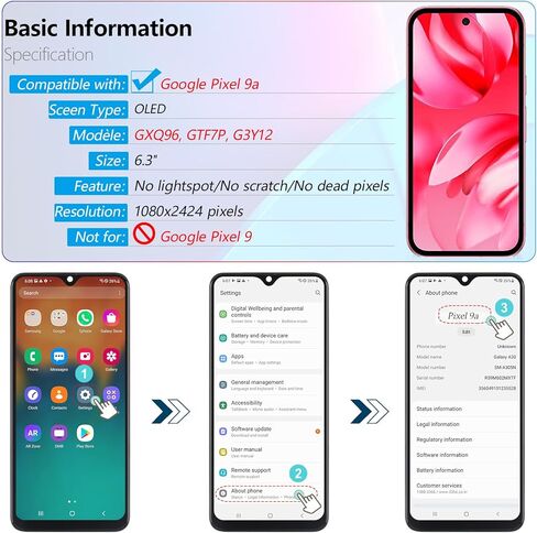 استبدال شاشة OLED لـ Google Pixel 9A 5G لـ Google Pixel 9A 5G GXQ96 GTF7P G3Y12 شاشة LCD تعمل باللمس مع أدوات (دعم بصمة الإصبع) in Kuwait