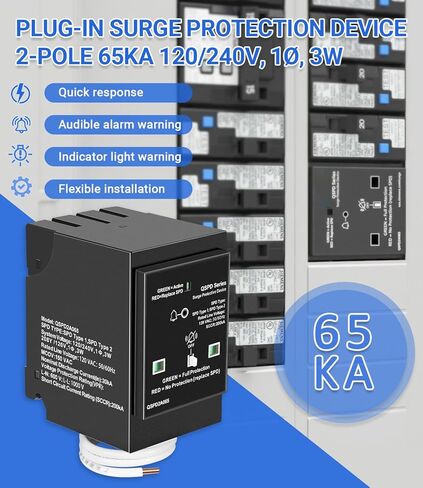 Replacement for Siemens QSPD2A065P Plug-in Surge Protection Device, 2-Pole 65kA 120/240V 1Ø, 3W, Fits Type QP Load Centers, Power Spike Shield with LED Indicator & Audible Alarm in Kuwait