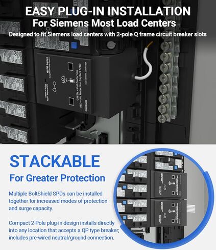 Replacement for Siemens QSPD2A065P Plug-in Surge Protection Device, 2-Pole 65kA 120/240V 1Ø, 3W, Fits Type QP Load Centers, Power Spike Shield with LED Indicator & Audible Alarm in Kuwait