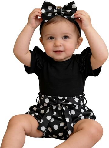 Newborn Baby Girl Set Ruffled Sleeve Romper Polka Dots Shorts Bloomers Bowknot Headband Boutique Clothes in Saudi Arabia