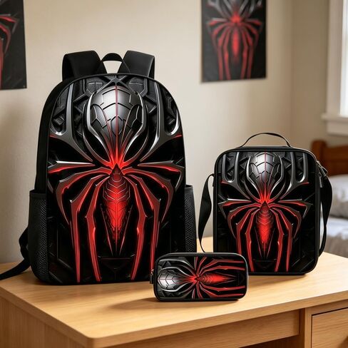 3 in 1 Spider Pattern, 17'' Large-Capacity Backpack Set With a Fashionable and Personalized Style is Exquisitely Designed and Widely Applicable, Making it an Ideal Choice(Black) in Kuwait