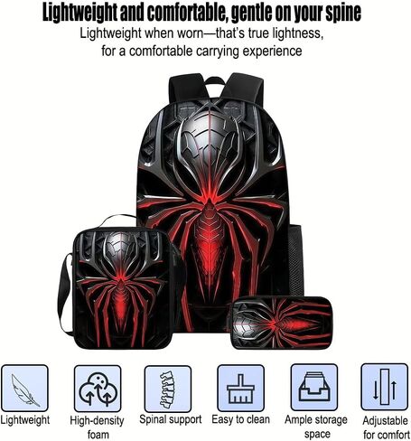 3 in 1 Spider Pattern, 17'' Large-Capacity Backpack Set With a Fashionable and Personalized Style is Exquisitely Designed and Widely Applicable, Making it an Ideal Choice(Black) in Kuwait