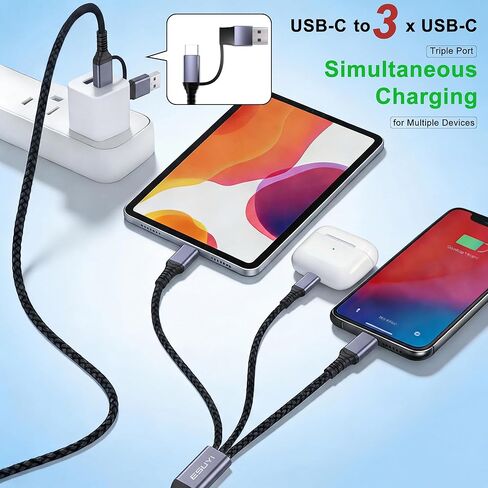 3 in 2 Travel Essentials Multi Charging Cable,[5FT/2Pack 60W ] USB C Splitter Cable,Travel Chargers Multiple Simultaneous Charging,USB A/C to Type-C Cord for Phone 17/Air/16/15,S25/Note and More. in Kuwait
