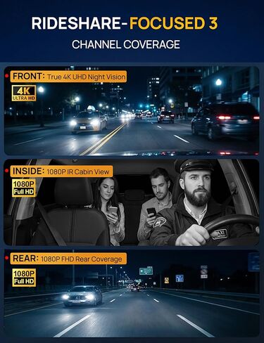 QCONTROL® Rideshare/Taxi True 4K 3-Channel Dash Cam أمامية وخلفية من الداخل، 4K أمامي + 1080P IR داخلي + 1080P خلفي، تطبيق 6G WiFi، تراكب الطابع الزمني للسرعة/المسار، 64 جيجابايت متضمنة in Kuwait