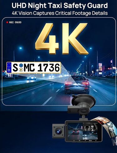 QCONTROL® Rideshare/Taxi True 4K 3-Channel Dash Cam أمامية وخلفية من الداخل، 4K أمامي + 1080P IR داخلي + 1080P خلفي، تطبيق 6G WiFi، تراكب الطابع الزمني للسرعة/المسار، 64 جيجابايت متضمنة in Kuwait