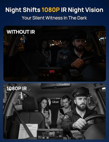 QCONTROL® Rideshare/Taxi True 4K 3-Channel Dash Cam أمامية وخلفية من الداخل، 4K أمامي + 1080P IR داخلي + 1080P خلفي، تطبيق 6G WiFi، تراكب الطابع الزمني للسرعة/المسار، 64 جيجابايت متضمنة in Kuwait
