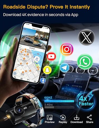 QCONTROL® Rideshare/Taxi True 4K 3-Channel Dash Cam أمامية وخلفية من الداخل، 4K أمامي + 1080P IR داخلي + 1080P خلفي، تطبيق 6G WiFi، تراكب الطابع الزمني للسرعة/المسار، 64 جيجابايت متضمنة in Kuwait