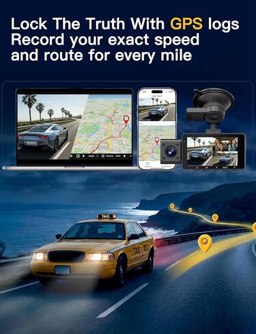 QCONTROL® Rideshare/Taxi True 4K 3-Channel Dash Cam أمامية وخلفية من الداخل، 4K أمامي + 1080P IR داخلي + 1080P خلفي، تطبيق 6G WiFi، تراكب الطابع الزمني للسرعة/المسار، 64 جيجابايت متضمنة in Kuwait