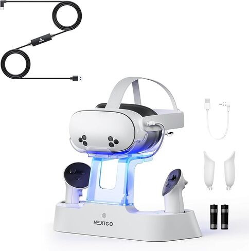 NexiGo Essential Kit for Oculus Quest, Enhanced Charging Dock for Meta Quest 3 and 3S, with LED Light [On/Off], [Support Elite Strap with Battery], 16FT Link Cable with Signal Amplifier in Kuwait