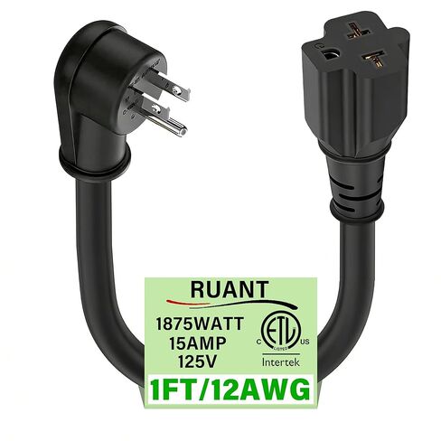 محول قابس 15 أمبير إلى 20 أمبير مدرج في قائمة UL 12AWG الزاوية اليمنى NEMA 5-15P إلى 5-20R/6-15R/6-20R T سلك طاقة تيار متردد عالي التحمل لأجهزة مكتب المطبخ المنزلي (1 قدم) in Kuwait