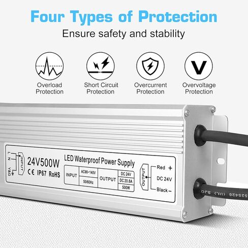 inShareplus 24V 500W LED Power Supply, IP67 Rainproof Waterproof Outdoor Driver,AC 90-140V to DC 24V Low Voltage Transformer, Adapter Converter for LED Light, Computer Project, Outdoor Use in Kuwait
