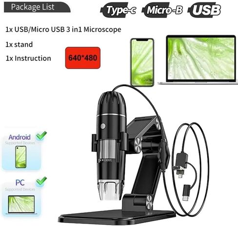 مجهر رقمي محمول باليد USB HD كاميرا فحص 50x-1600x مع حامل 8 مجاهر محمولة LED للكمبيوتر الذكي in Kuwait