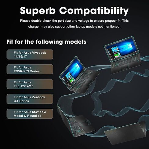 65w Laptop Charger Compatible with Asus Round Port Vivobook, Zenbook and More Series, 65W/45W/33W, 7.5Ft Power Cable in Kuwait