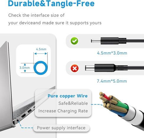 شاحن كمبيوتر محمول منحني نحيف 65 وات 45 وات متوافق مع Dell Inspiron 15 14 13 17 3000 5000 7000، Latitude، XPS 13، Vostro، 19.5V 3.34A 4.5 مم × 3.0 مم سلك طاقة محول تيار متردد صغير مستدير، قطعة واحدة in Kuwait