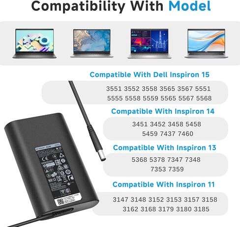 شاحن كمبيوتر محمول منحني نحيف 65 وات 45 وات متوافق مع Dell Inspiron 15 14 13 17 3000 5000 7000، Latitude، XPS 13، Vostro، 19.5V 3.34A 4.5 مم × 3.0 مم سلك طاقة محول تيار متردد صغير مستدير، قطعة واحدة in Kuwait