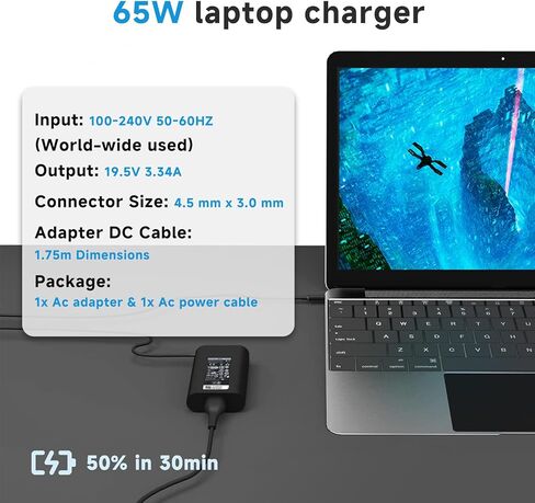 شاحن كمبيوتر محمول منحني نحيف 65 وات 45 وات متوافق مع Dell Inspiron 15 14 13 17 3000 5000 7000، Latitude، XPS 13، Vostro، 19.5V 3.34A 4.5 مم × 3.0 مم سلك طاقة محول تيار متردد صغير مستدير، قطعة واحدة in Kuwait