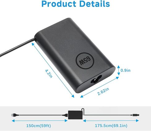شاحن كمبيوتر محمول منحني نحيف 65 وات 45 وات متوافق مع Dell Inspiron 15 14 13 17 3000 5000 7000، Latitude، XPS 13، Vostro، 19.5V 3.34A 4.5 مم × 3.0 مم سلك طاقة محول تيار متردد صغير مستدير، قطعة واحدة in Kuwait
