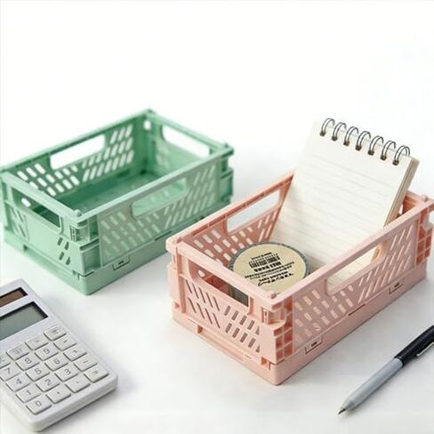 2Pcs Small Pastel Plastic Storage Racks, Collapsible Crates for Organizing, Space-Saving Mini Bins for Classroom, Kitchen, Office, Bedroom in Saudi Arabia