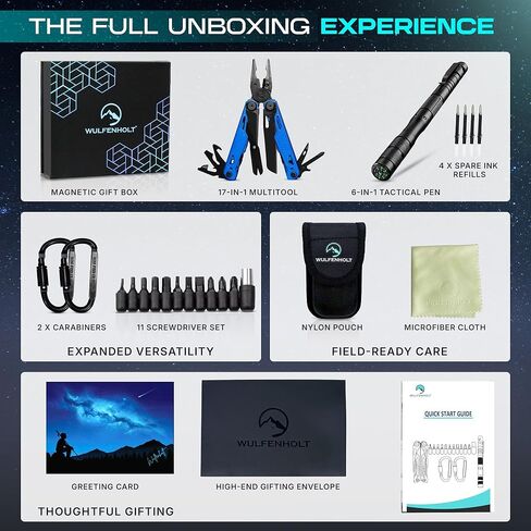 17-in-1 Multitool Pliers with Large Scissors | 6-in-1 Tactical Pen & Carabiners | Gifts for Men, Dad, Husband | EDC Survival Gear | Includes Magnetic Box, Nylon Sheath & Greeting Card in Kuwait